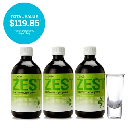 Health Foundry Zest Super Greens 500ml 3 Pack w/ Shot Glass