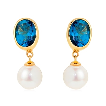 2.8ct London Blue Topaz & Pearl Drop Earrings 9ct Yellow Gold