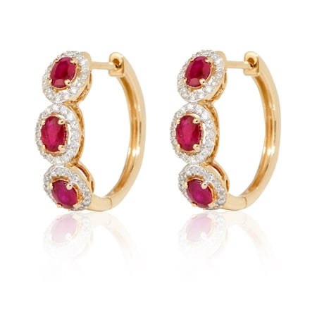 1.65ct Burmese Ruby & Diamond Oval Hoop Earrings 9ct Yellow Gold