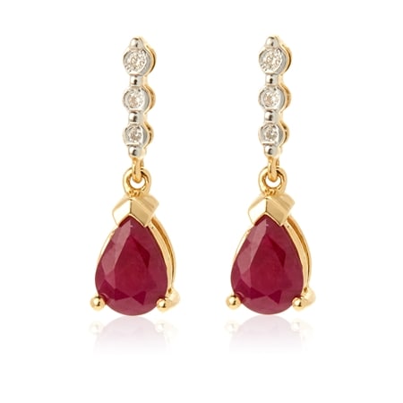 1.52ct Burmese Ruby & Diamond Pear Drop Earrings 9ct Yellow Gold