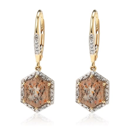 2.8ct Australian Lattice Sunstone & 0.15ct Diamond Earrings 9ct YG