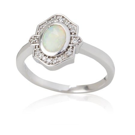0.36ct Australian White Opal & Diamond Accent Art Deco Ring 9ct WG