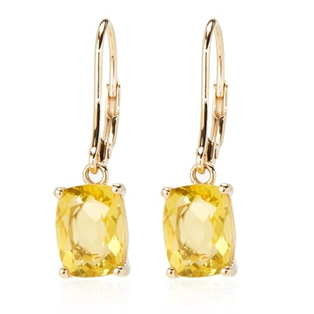 2.40ct Yellow Fluorite Cushion Leverback Earrings 9ct Yellow Gold