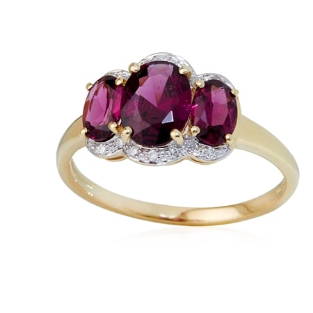 2.0ct Brazilian Rosanite Garnet Halo Trilogy Ring 9ct Yellow Gold