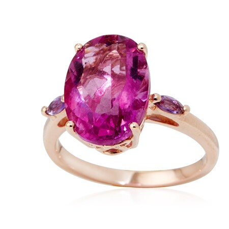 TVSN 3.50ct Argentinian Pink Fluorite Rhodolite Garnet 3 Stone Ring 9ct YG