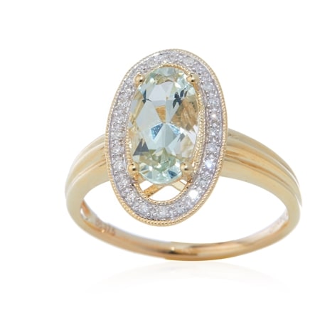 1.50ct Green Quartz & 0.10ct Diamond Oval Halo Ring 9ct Yellow Gold
