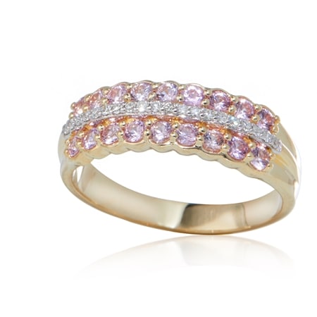 0.70ct Pink Sapphire & 0.10ct Diamond 3-Row Ring 9ct Yellow Gold