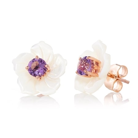 Gems en Vogue MOP & Gemstone Carved Flower Stud Earrings Sterling Silver