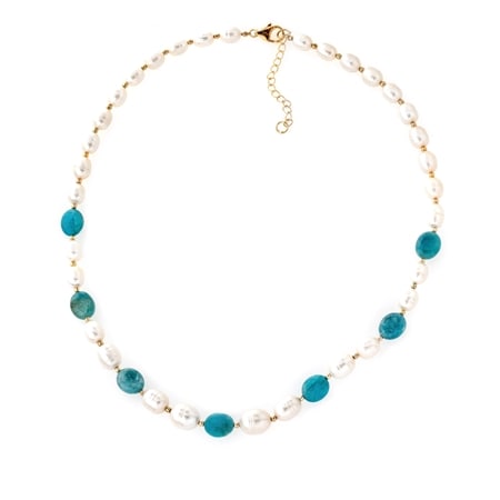 Gems en Vogue Pearl & Aquamarine Beaded Necklace 45+5cm Sterling Silver