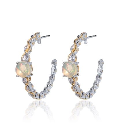 Gems en Vogue Ethiopian Opal & White Zircon Hoop Earrings Palladium Silver