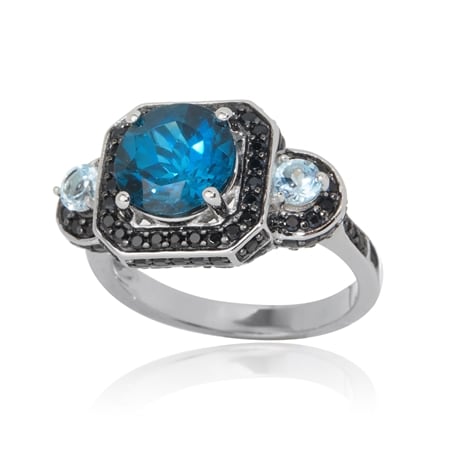 3.4ct London Blue Topaz & 1.0ct Black Spinel Ring Sterling Silver