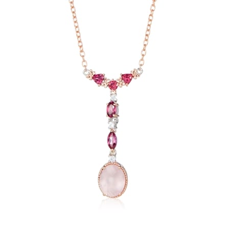 Gems en Vogue Rose Quartz & Rose Garnet Necklace 45-50cm Palladium Silver