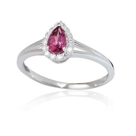 0.40ct Malawian Magenta Garnet & Dia. Accent Pear Halo Ring 9ct White Gold