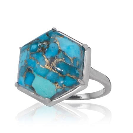 Elemental Turquoise 11.2ct Blue Copper Turquiose Hexagon Ring Sterling Silv