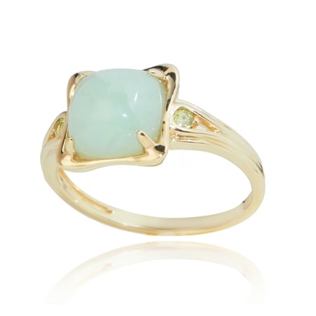 3.45ct Burmese Natural Green Jadeite & Peridot Cushion Ring 9ct YG