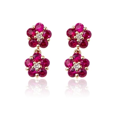 0.61ct Burmese Ruby & Dia. Accent Floral Earrings 9ct Yellow Gold