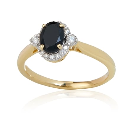 0.62ct Black Tourmaline & Dia. Accent Oval Halo Ring 9ct Yellow Gold