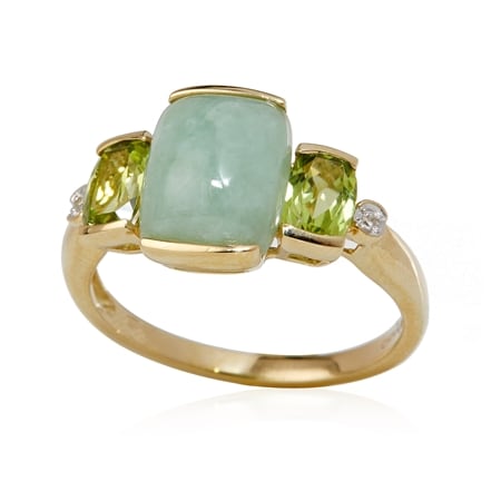 3.76ct Burmese Natural Green Jadeite & Peridot Trilogy Ring 9ct YG