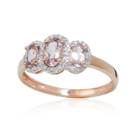 0.66ct Madagascan Morganite & Dia. Halo Trilogy Ring 9ct RG