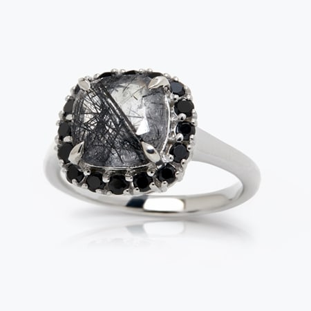 3.2ct Black Rutilated Quartz & Black Spinel Cushion Ring Sterling Silver