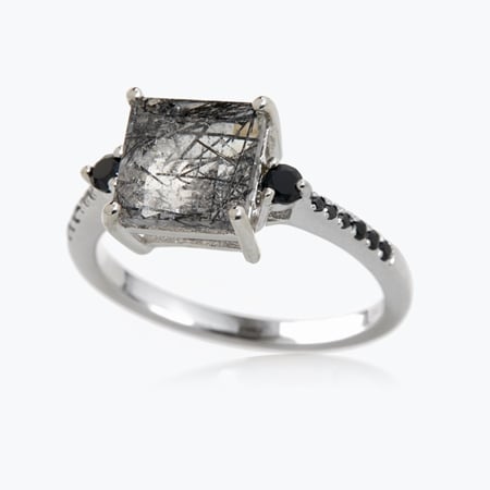 2.5ct Black Rutilated Quartz Square Ring Sterling Silver
