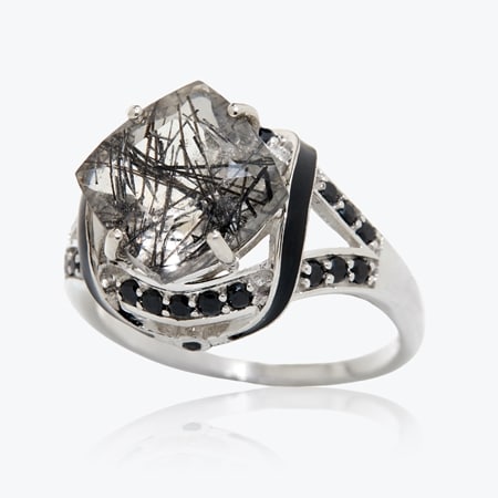 4.5ct Black Rutilated & Black Spinel Statement Ring Sterling Silver