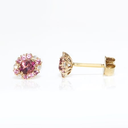 0.52ct Pink Tourmaline & Dia. Halo Stud Earrings 9ct Yellow Gold