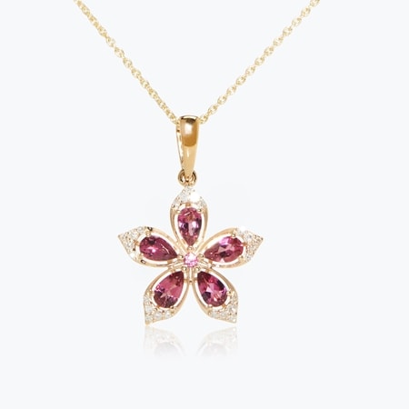 1.10ct Pink Tourmaline & 0.11ct Dia. Floral Pendant w/ Chain 9ct YG