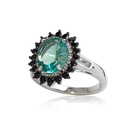 3.9ct Teal Green Fluorite & Black Spinel Ring Sterling Silver