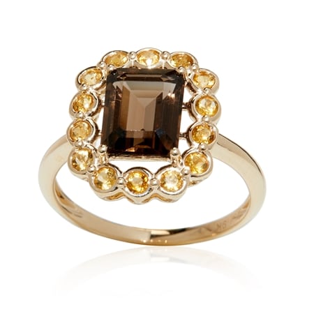 2.48ct Smoky Quartz & Citrine Octagon Ring 9ct Yellow Gold