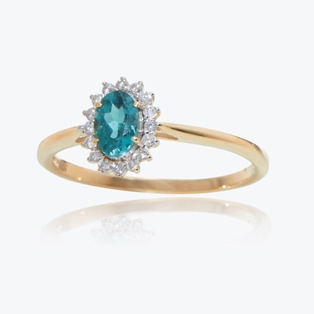 0.46ct Namibian Lagoon Tourmaline & Dia. Halo Ring 9ct YG