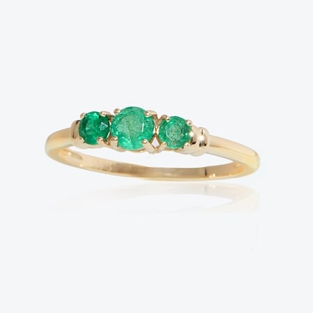 0.45ct Zambian Emerald Round Trilogy Ring 9ct Yellow Gold