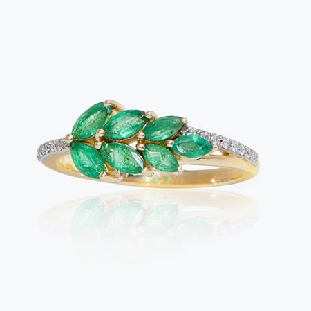 0.74ct Zambian Emerald & Dia. Leaf Ring 9ct Yellow Gold