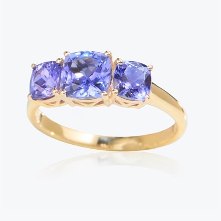 1.95ct Tanzanite Cushion Trilogy Ring 9ct Gold