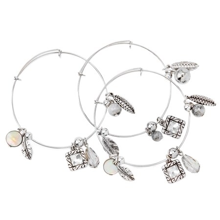 Kelly's Kloset Beaded Silver Tone Set of 3 Charm Bangles
