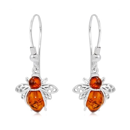 TVSN 3.2ct Cognac Baltic Amber Bee Drop Earrings Sterling Silver