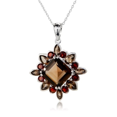 9.0ct Smoky Quartz & Garnet Pendant 50-55cm Chain Sterling Silver