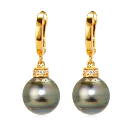 Pearls of Tahiti 11-12mm Tahitian Pearl & White Zircon Earrings GP SS