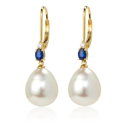 Matahina 11-12mm South Sea Pearls, Diamond & Sapphire Drop Earrings 18ct Go