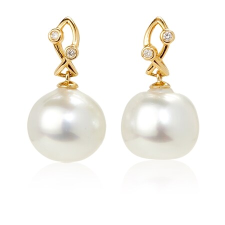 Matahina 11-12mm South Sea Pearls & Diamond Drop Earrings 14ct Gold