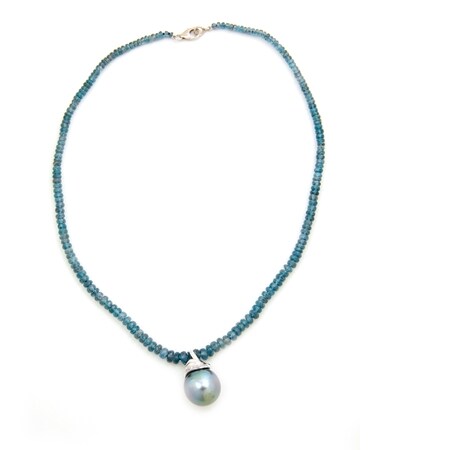 Matahina 15.6-16.6mm Tahitian Pearl & Diamond Pendant Kyanite Necklace 18ct