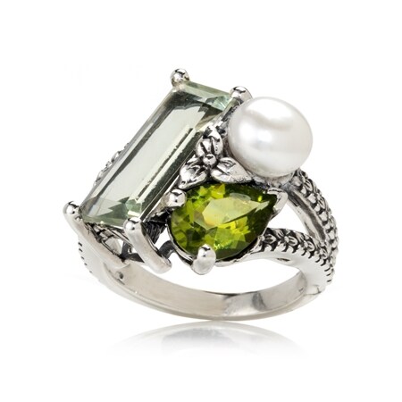 Stephen Dweck Peridot, Green Amethyst & Pearl Cluster Ring Sterling Silver
