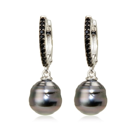 Pearls of Tahiti 9mm Tahitian Pearl & Black Spinel Hoop Earrings SS
