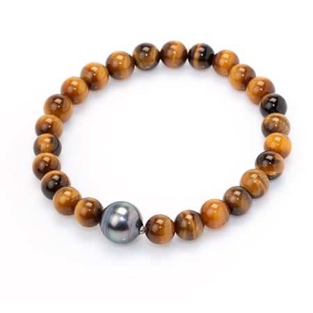 Pearls of Tahiti 11-12mm Tahitian Pearl & Tiger Eye Stretch Bracelet