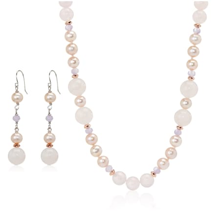 6-7mm Pink FWP & Gemstone Pearl Stand Necklace & Earrings Set SS