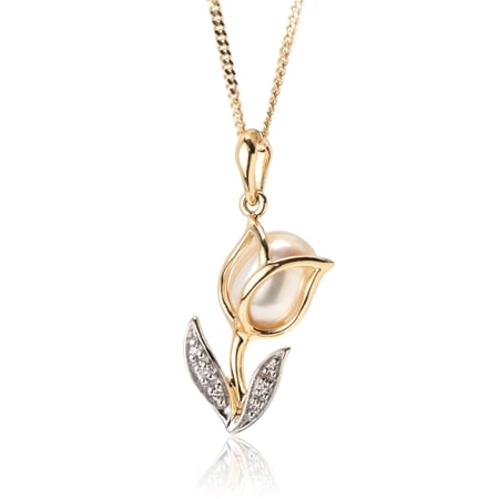 7mm Champagne/White FWP & Dia. Tulip Pendant w/ Chain 9ct YG