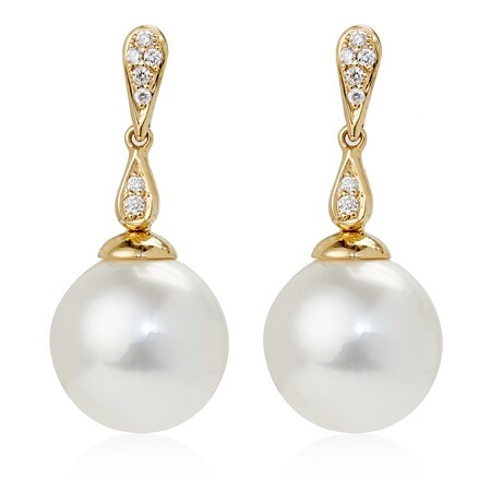 Matahina 11-12mm Australian SS White Pearl & Diamond Earrings 18ct Gold