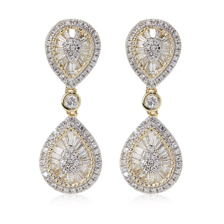 1.00ct Natural Baguette & Round Diamond Teardrop Drop Earrings 9ct YG