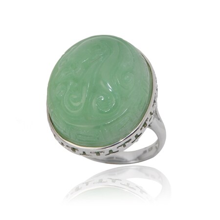 Gems of the Orient 20x24mm Green Jade Oval Carved Ring Sterling Silver