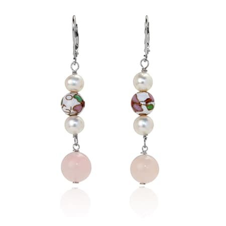 Gems of the Orient 8-9mm White FWP, Rose Quartz & Cloisonne Earrings SS